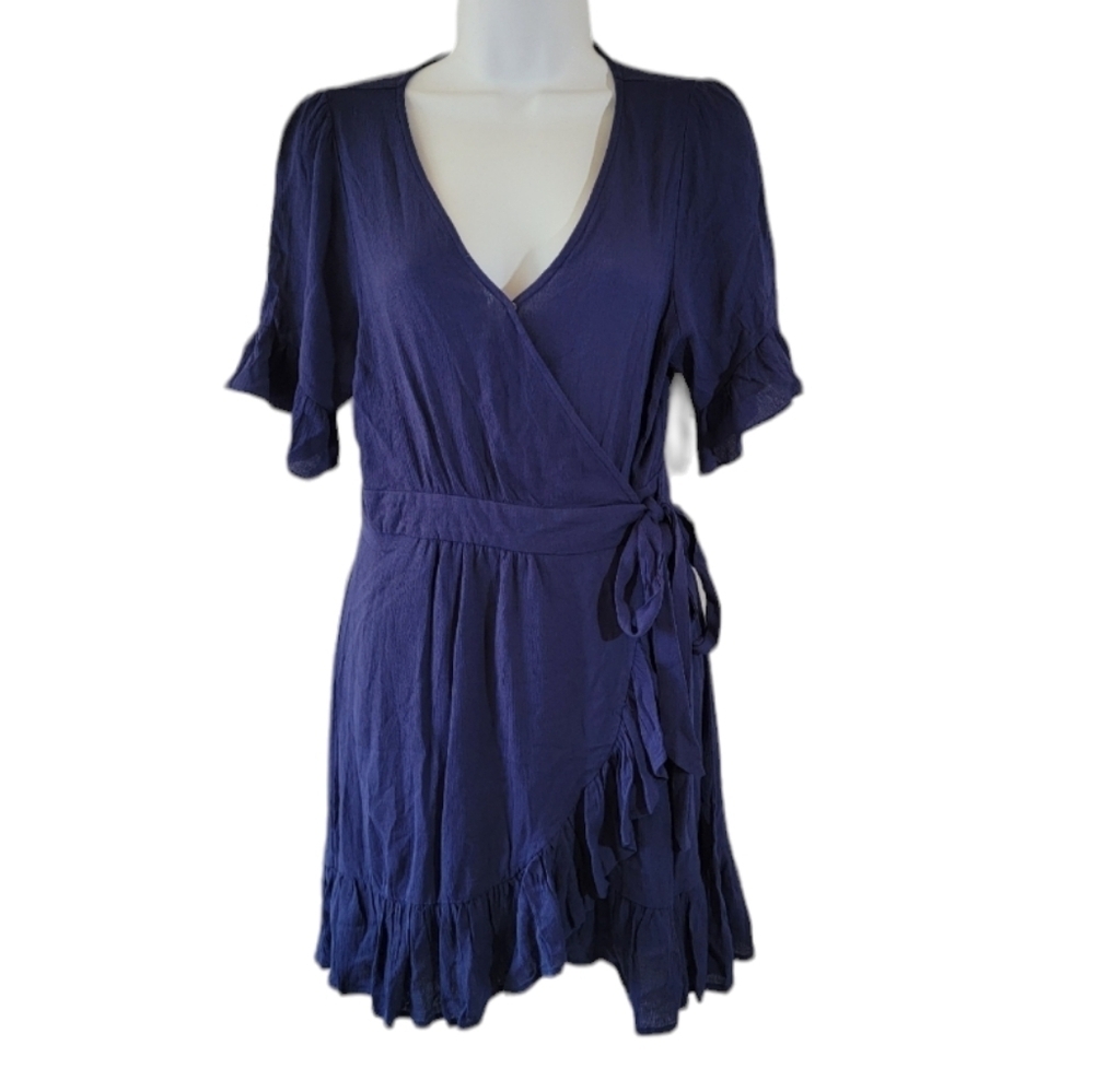 NEW ENTRO Navy Blue Wrap Dress Sz M Short Sleeve Ruffle V-neck Lined Gauze